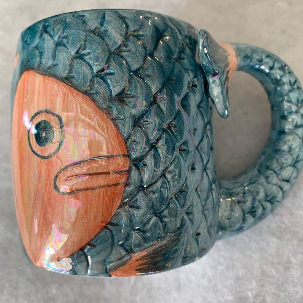 Vintage Henricksen Imports Japan Fish Mug Turquoise Scales And Tail Handle